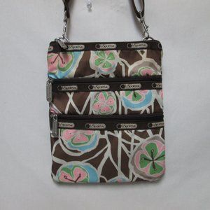 Le Sportsac Triple Zip floral adjustable crossbody bag purse floral brown pink